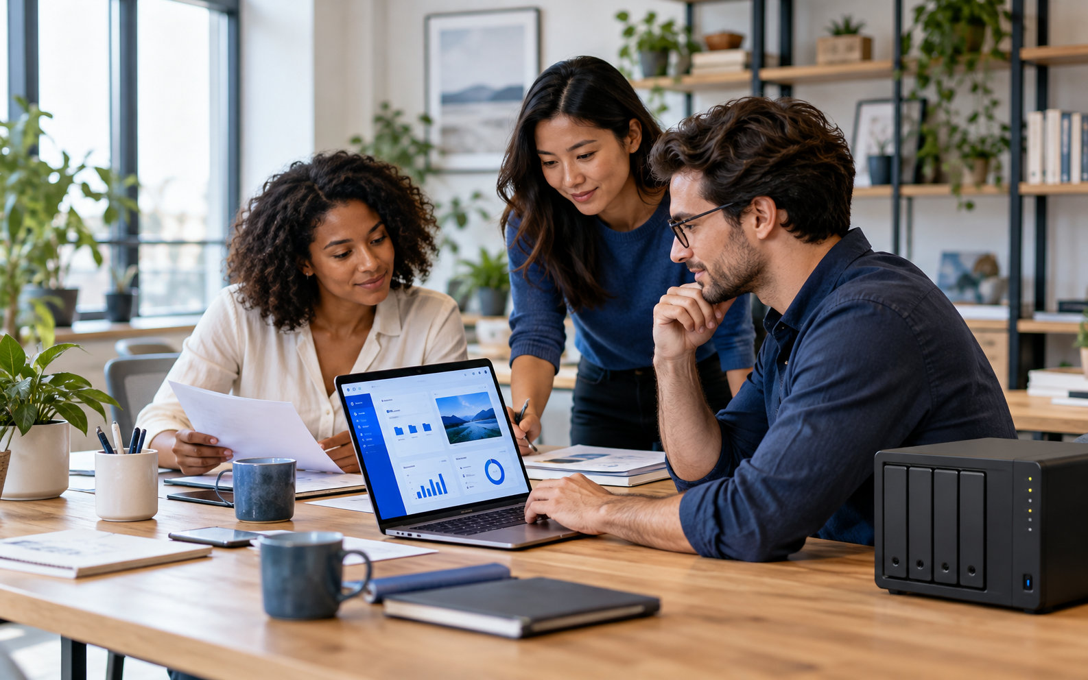 A small business team coordinating work around a shared digital workspace